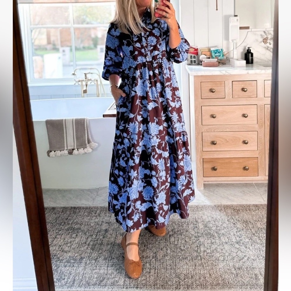 RACHEL ZOE Shirt Dress Midi Floral Blue Brown Women Small Boho Cottagecore New